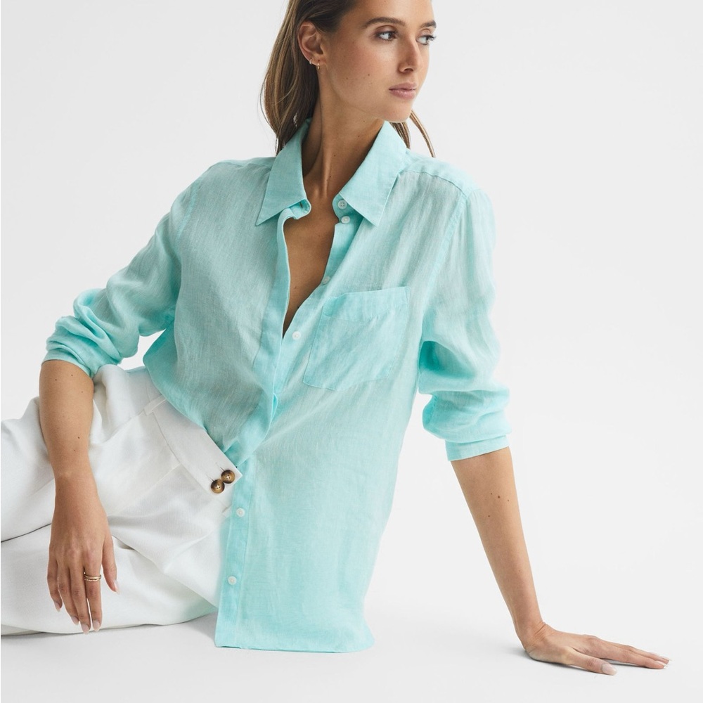 REISS CAMPBELL 100% LINEN LONG SLEEVE SHIRT IN AQUA UK 4 US 0 (fits XS/S)